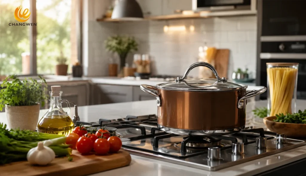Stainless steel pots in a cozy modern kitchen
