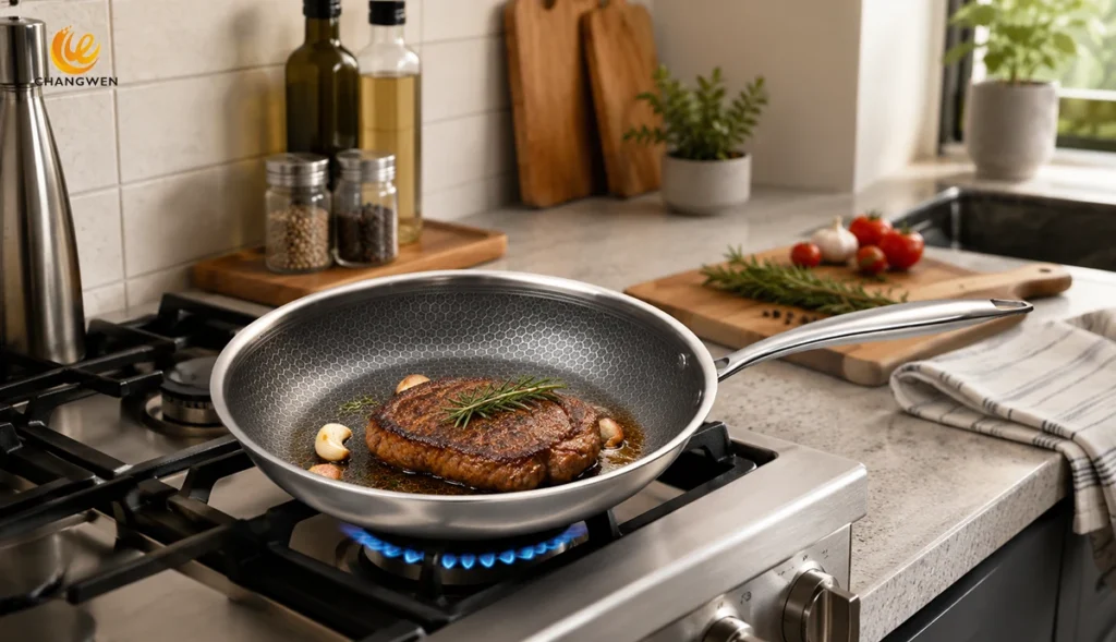 Honeycomb frying pan for cooking steak