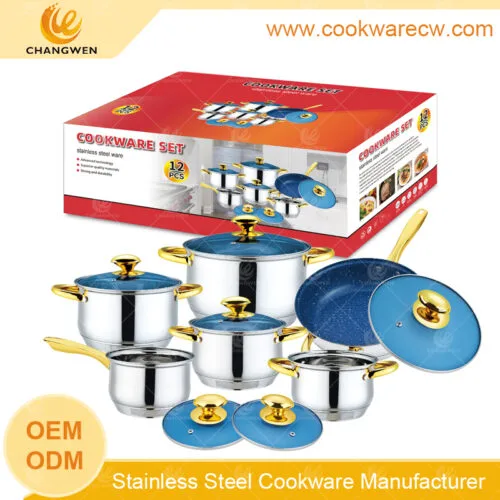 Pengeluar China keluli tahan karat set alat memasak 12pcs kuali tidak melekat penutup kaca biru pemegang & tombol emas CW-M1209N