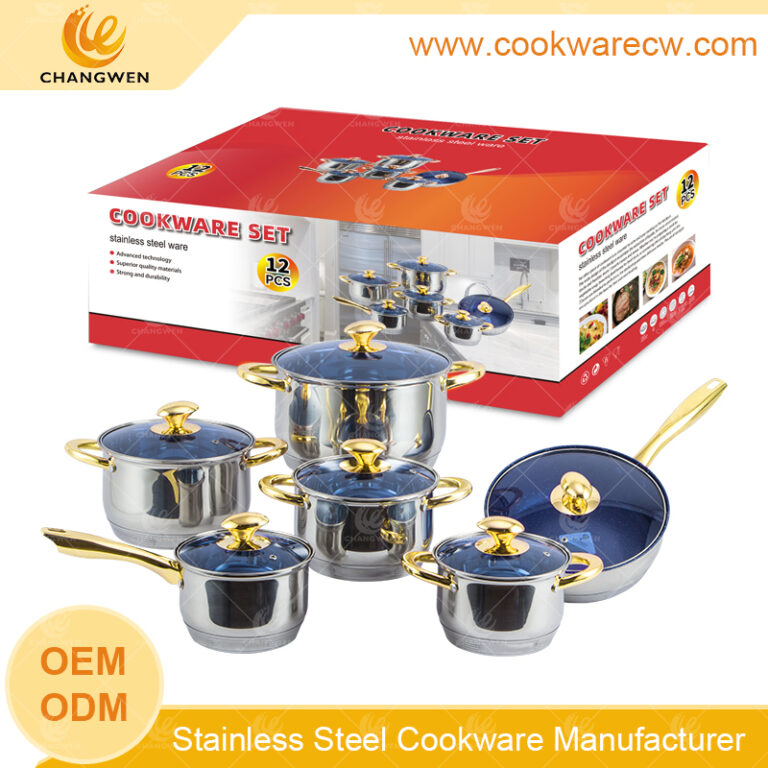 Hot Sale 12pcs Stainless Steel Cookware Set with Golden Handles Belly Pot  Frying Pan Soup Pot Set with Capsuled Bottom