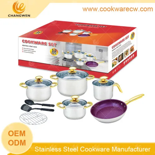 CW52001-12N4-01 Cookware wholesaler 12pcs pots and pans stainless steel cooking sets kitchenware tools and steamer CW-M1211