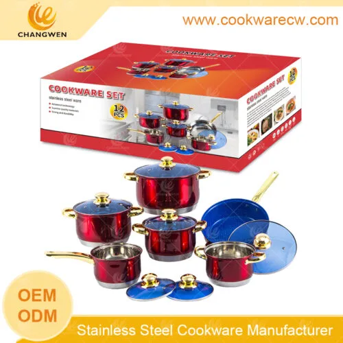 CW52001-12N6-01 pots wholesale red color outside coating cookware pots non-stick fry pan with stainless steel 430 5-stepped bottom CW-M1225