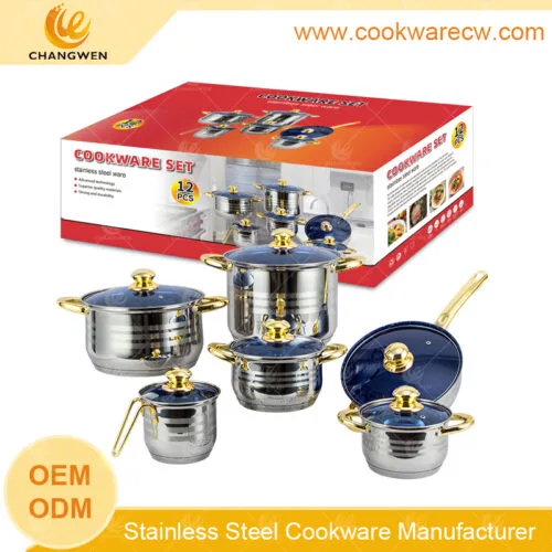 berat S/S 12pcs set alat memasak periuk borong nonstick fry pan penutup kaca biru pemegang emas kuali memasak periuk susu CW-M1222