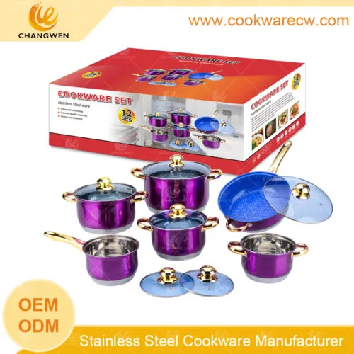 CW52001-12N8-01 color coating surface stainless steel pots non-stick frypan golden S/S handles and knobs 430 protector for induction CW-M1225