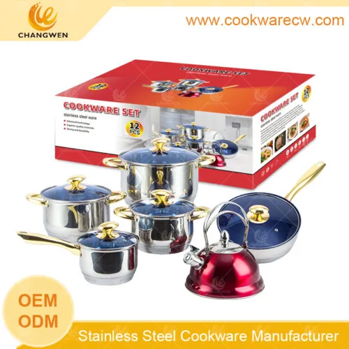 nhà cung cấp đồ nấu ăn bán chạy 12 chiếc nồi và chảo nấu ăn bằng thép không gỉ bộ đồ nấu ăn chảo rán chảo phủ ấm đun nước trà CW-M1223