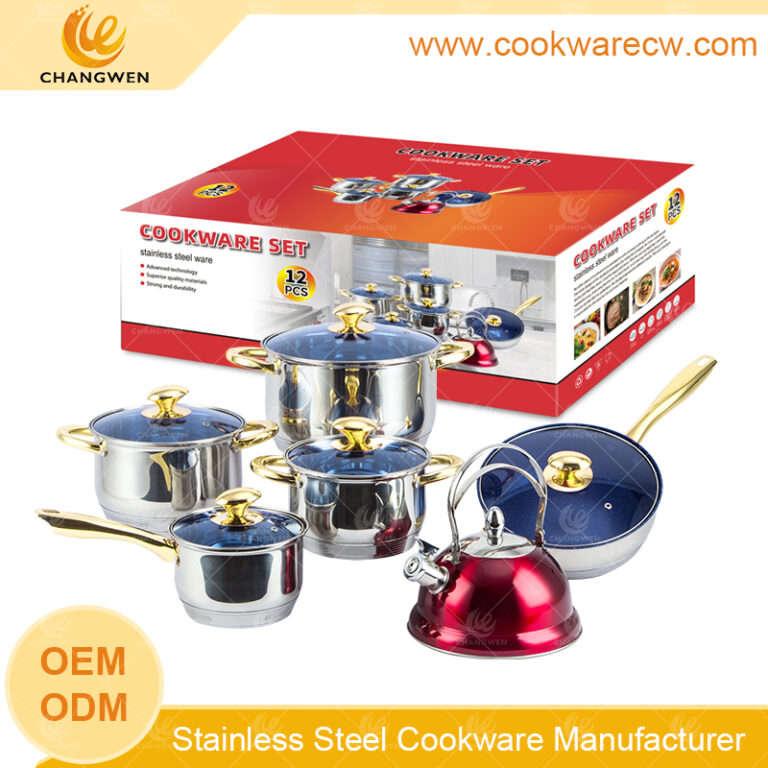 hot sales cookware supplier 12pcs cooking pots and pans stainless steel cookware set fry pan saucepan coating tea kettle CW52001-12NK