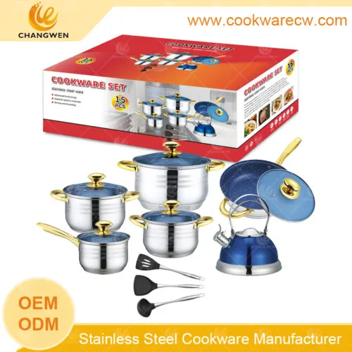 Bộ đồ nấu ăn bằng thép không gỉ 15 món chảo rán chống dính bằng đá cẩm thạch xanh tay cầm và núm mạ vàng đáy viên nang ấm đun nước pha trà có còi 3L dụng cụ nhà bếp CW-M1501