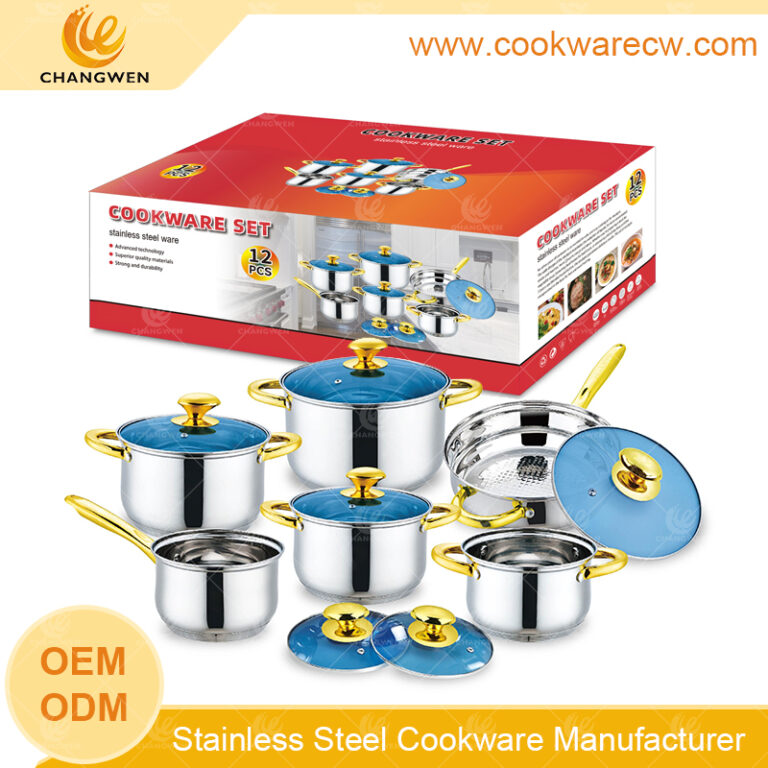 Mexican hottest stainless steel 12pcs cook pot frying pan with blue glass lid golden handle & knobs and 7 steps capsuled bottom CW52001-12