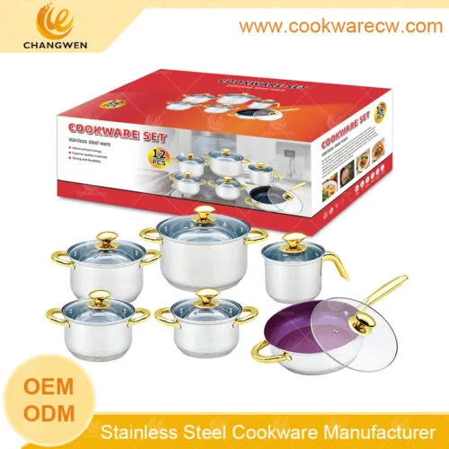 Factory pots wholesale cooking pot set mirror polished stainless steel pots nonstick frypan blue marble coating frying pan golden plated handles and knobs capsule bottom CW-M1212