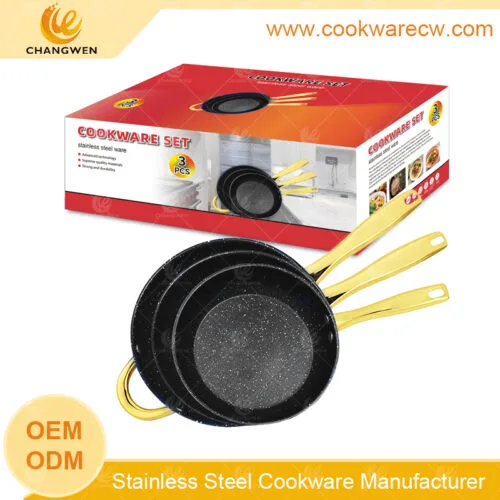 Bộ chảo chống dính 3 món bằng thép không gỉ mạ vàng, tay cầm màu đen, bán chạy nhất CW-M0301-01