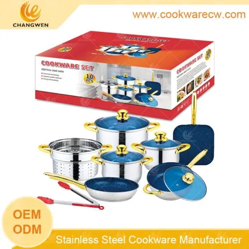 CW52002-12N-01 Stainless steel cookware set nonstick pans and pots casserole pot frying pan steamer with glass blue lid and a kitchenware clip CW-M1203