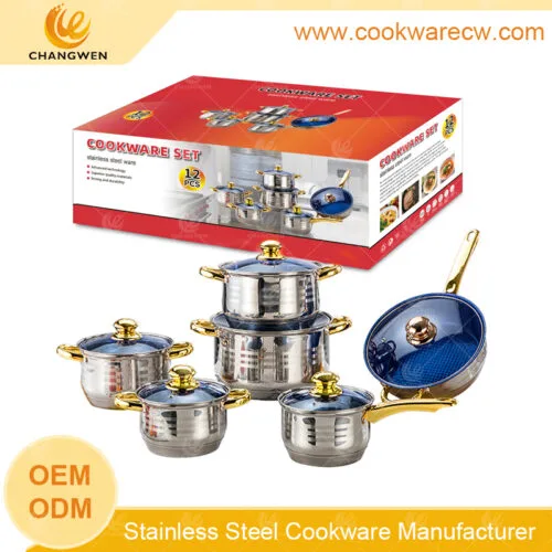 Bộ dụng cụ nấu ăn bằng thép không gỉ 12 món bán chạy nhất, chảo chống dính, nồi nấu chậm, tay cầm và núm mạ vàng, đáy viên nang 5 bậc CW-M1202