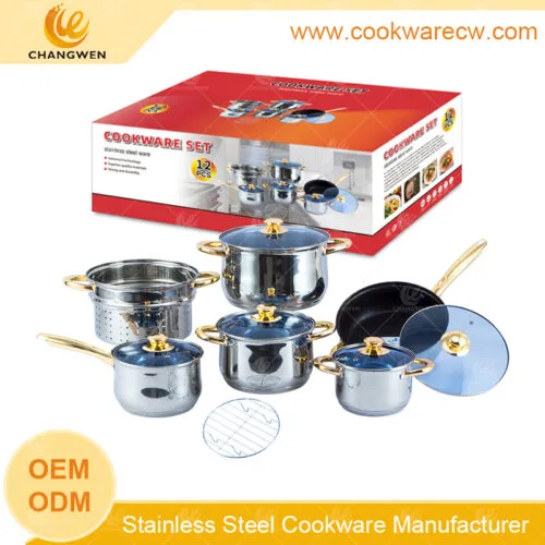 olla de cocina Set alat memasak 12pcs kuali bersalut tidak melekat periuk pengukus 24cm dengan rak dawai peralatan dapur keluli tahan karat CW-M1205