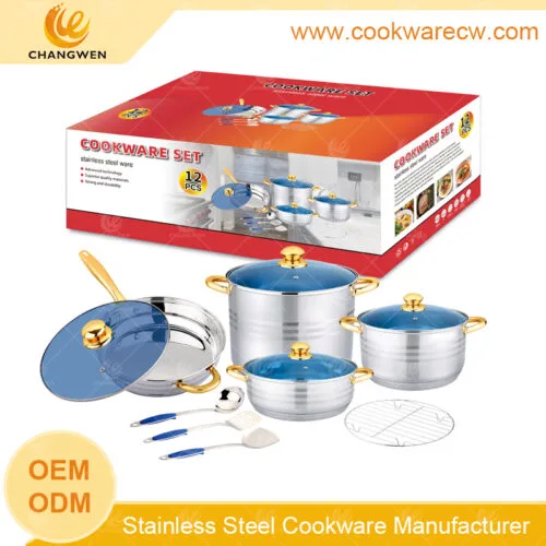 CW52002-12N4-01 popular stainless steel 12pcs cookware set pots and pans casserole fry pan with kitchenware tools and wire reack CW-M1208