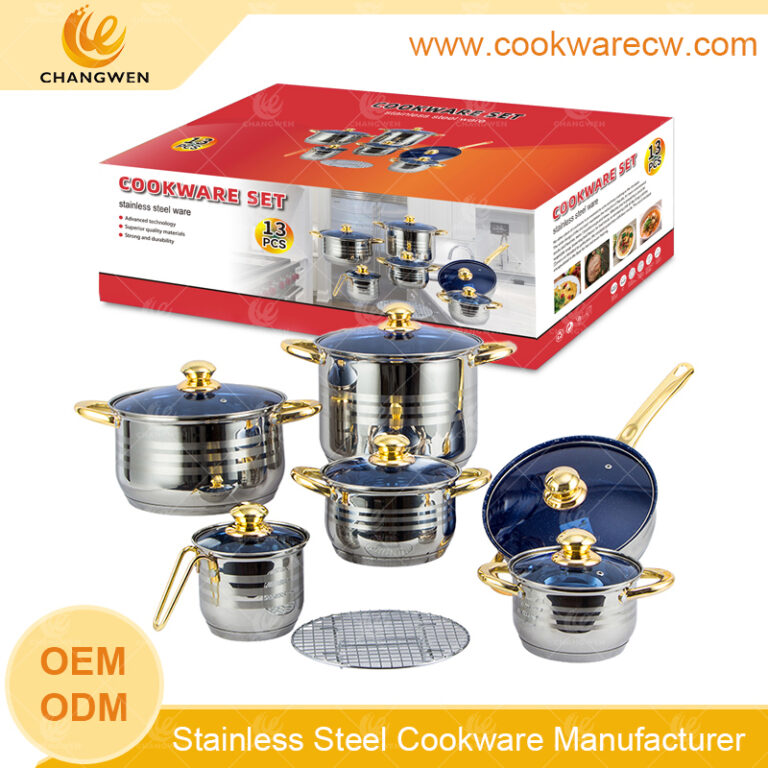 Wholesale price stainless steel pots and pans streamer rack cookware set coating inside golden wire handle milk pot with blue glass lid CW52002-13N