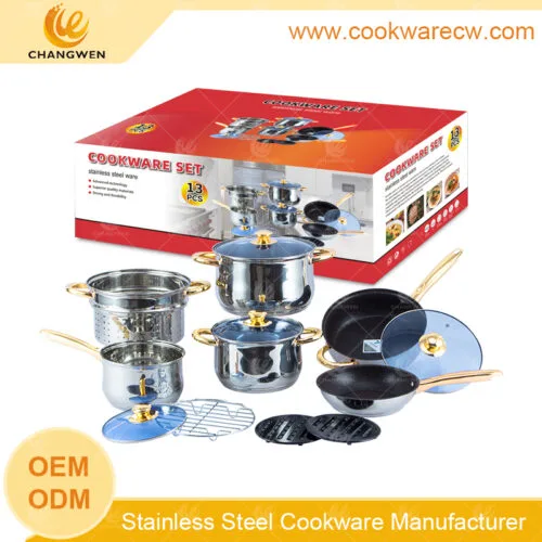 Nhà máy bán buôn 13 món đồ nấu ăn bằng thép không gỉ chống dính chảo rán nồi hầm giá hấp thảm đen CW-M1301