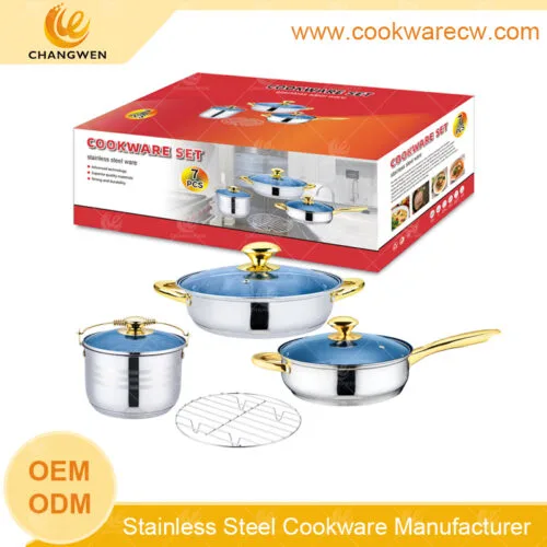 Stainless steel kitchen 7pcs cookware rice cooker with capsule bottom frypan with helper gold plated hollow handle and blue glass wire rack CW-M0701