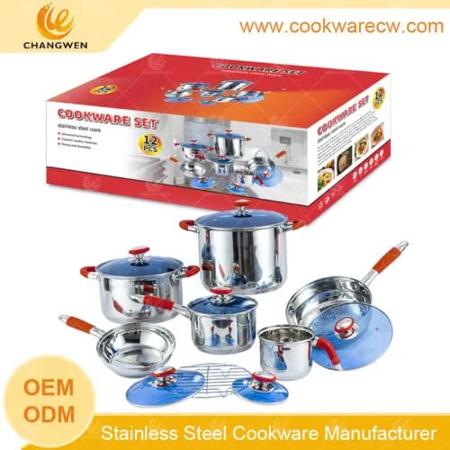 CW52004-12-01 Hotsale 12pcs stainless steel cooking set popular pots and pans kitchen soup stock pot with red silicone steamer rack China factory customized color box CW-M1306G-03