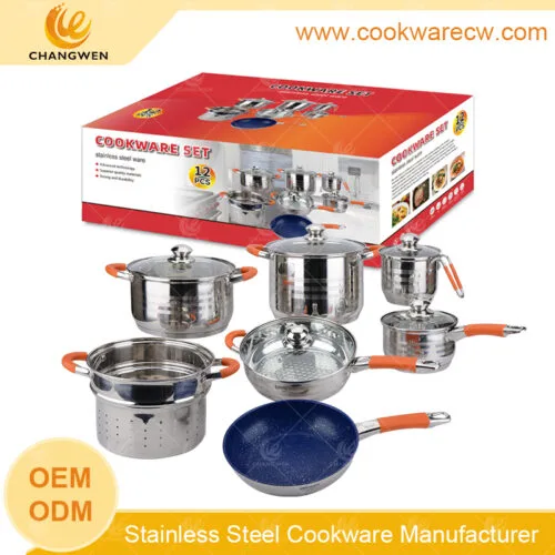 Bộ 12 dụng cụ nấu ăn bằng thép không gỉ có tay cầm bằng silicon, chảo rán hình nón, nồi nấu mì ống 24cm tại Trung Quốc CW-M1311