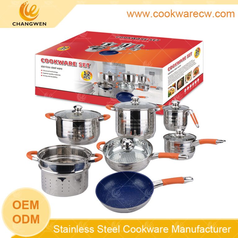 12pcs stainless steel cookware set with silicon handles coating conic frypan 24cm pasta pot in China CW52004-12N
