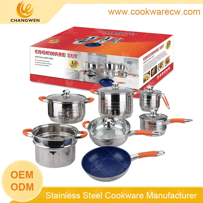 12pcs stainless steel cookware set with silicon handles coating conic frypan 24cm pasta pot in China CW-M1311