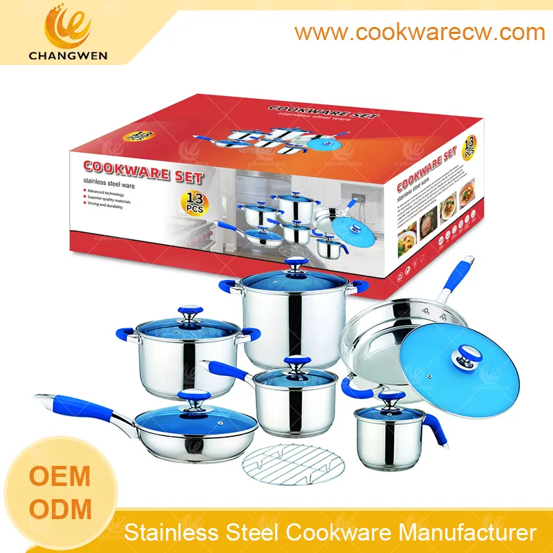 Newly Launched 13pcs stainless steel cookware set with iron wire rack grilled fry pan with helper mirror polished soup stock pot saucepan and casserole CW-M1306G-01