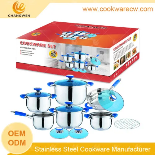 Giá bán buôn nồi và chảo bằng thép không gỉ, bộ đồ nấu ăn đánh bóng gương, nồi nấu sữa, nồi hầm có nắp silicon màu xanh và nắp thủy tinh màu xanh, giá hấp bằng dây CW-M1307G-01