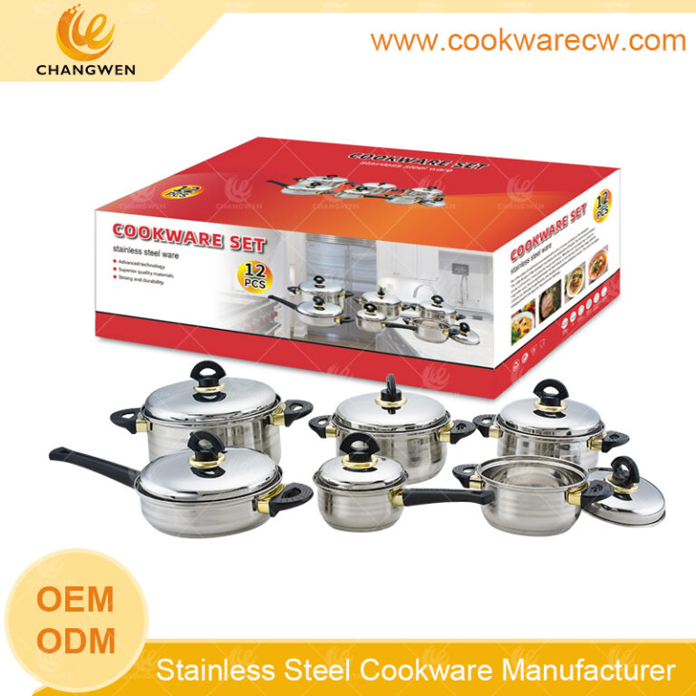 China cookware set 12pcs pots wholesale stainless steel lids black handle and knob frypan casserole saucepan CW52008-12
