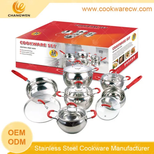 Bộ đồ nấu ăn bằng thép không gỉ hình quả táo nắp kính silicon màu đỏ đánh bóng gương nồi và chảo nhà bếp CW-M1219G