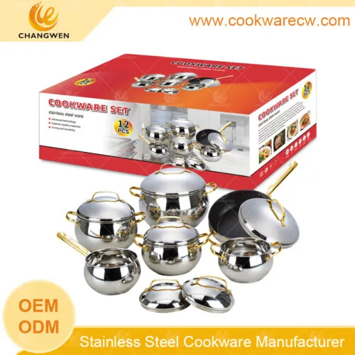 Pots wholesale apple shape cookware set mirror polished stainless steel lids golden wire handles and knobs nonstick frypan CW-M1220