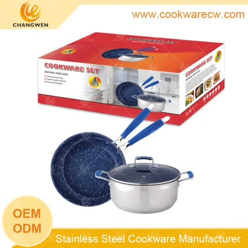 Customized color box 4pcs stainless steel blue marble coating nonstick frypan set silicone cover wholesale kitchenware CW-M0401G