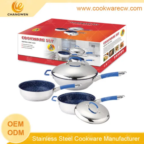 Tùy chỉnh hộp màu 3 chiếc chảo rán phủ lớp chống dính bằng đá cẩm thạch màu xanh, chảo rán có nắp bằng thép không gỉ và nắp silicon màu xanh CW-M0501G