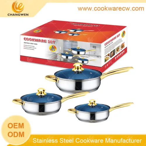 Wholesale new design stainless steel cookware 3pcs blue marble coating nonstick frypan set golden handles and knobs adjustable size CW-M0614