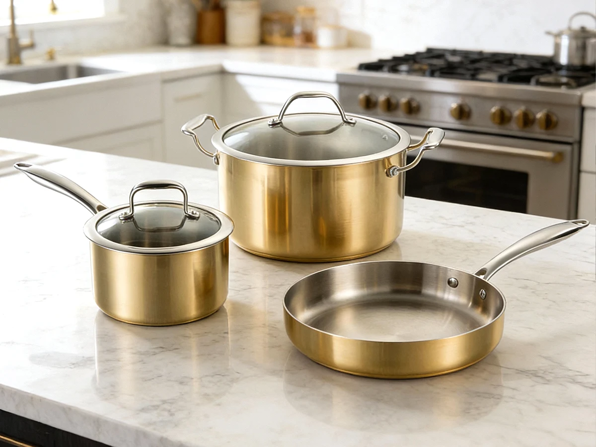 Gold-colored stainless steel cookware Gold-colored stainless steel cookware