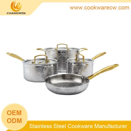 Gold-Handle Hammered Stainless Steel Cookware Set