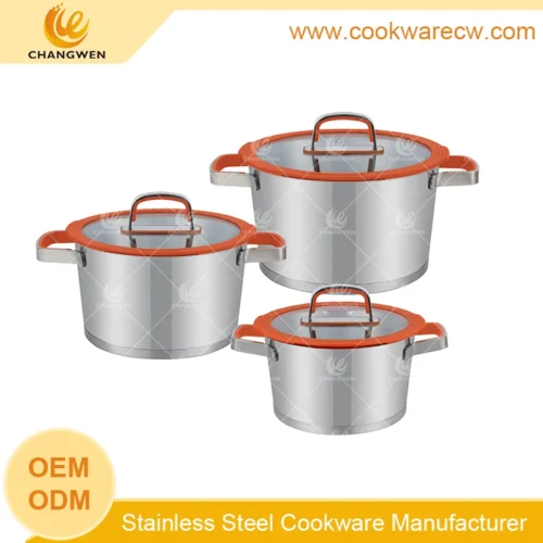 6-Piece Stainless Steel Pot Set with Orange Silicone-Edge Lids