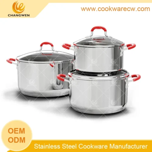 6-Piece Stainless Steel Pot Set with Red Silicone Handles
