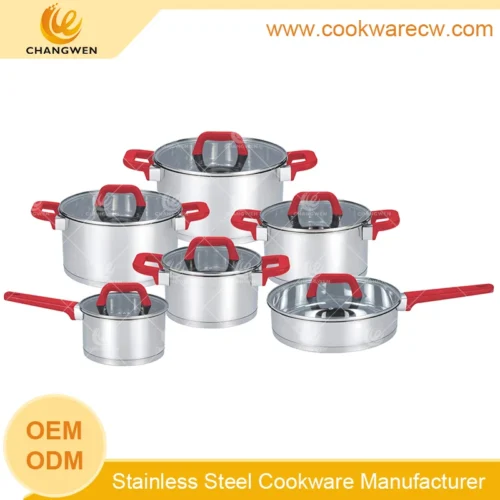 12-Piece Stainless Steel Cookware Set with Red Silicone Handles