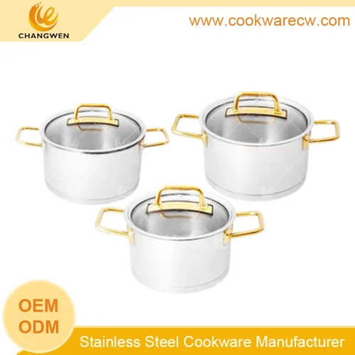 6-Piece Stainless Steel Pot Set with Gold Handles and Saucepan