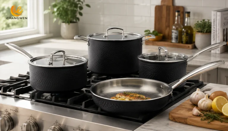 Stainless steel cookware set being used in a modern home kitchen while cooking vegetables on a gas stove