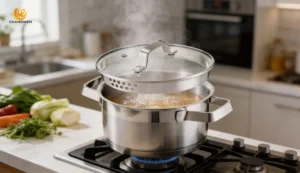 Stainless steel pot for making soup in the kitchen
