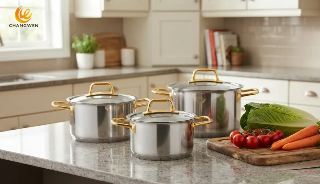 Gold-handled stainless steel soup pot