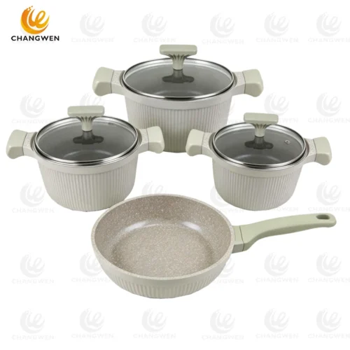 7pcs Vertical Stripe Nonstick Aluminum Cookware Set with Silicone Lid