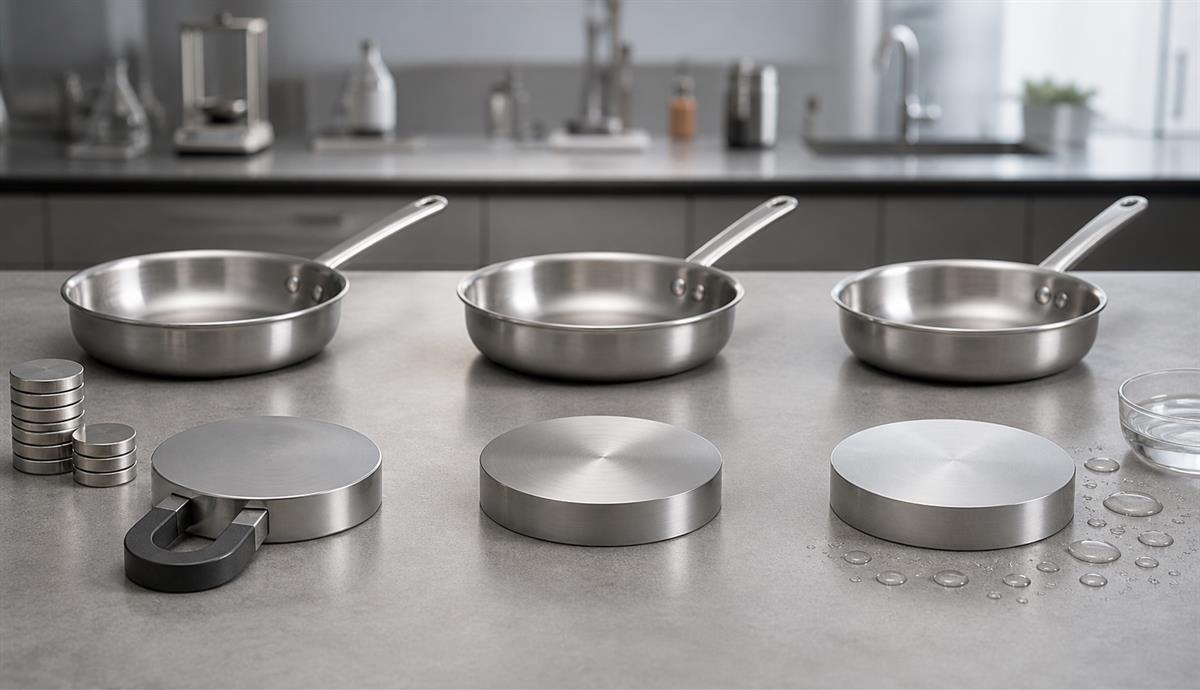 Visual comparison of 430, 304 and 316 stainless steel cookware materials