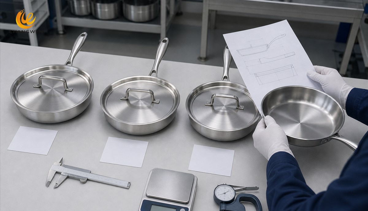 Cookware samples and a controlled supplier comparison brief on an inspection table