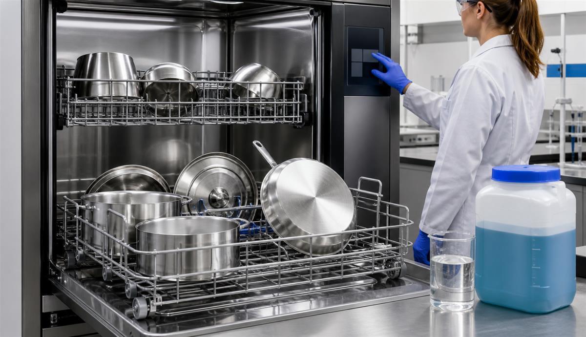 Controlled dishwasher cycle test for stainless steel pots and pans