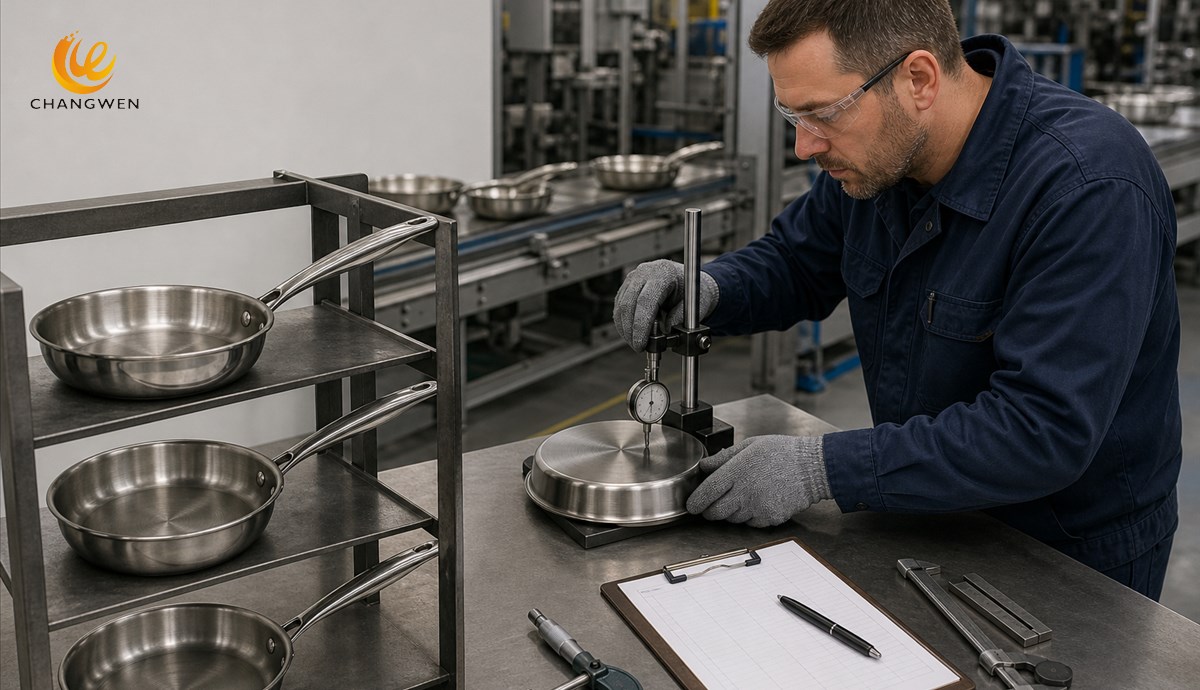 Quality inspector measuring cookware samples during a supplier trial