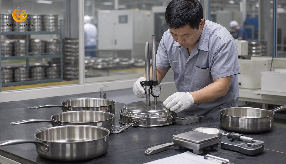 Quality engineer checking cookware sample production consistency