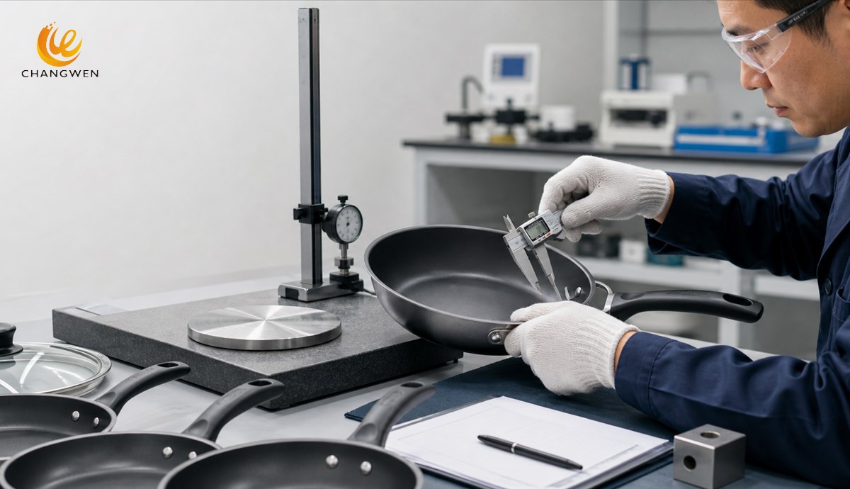Cookware quality engineer verifying a production sample