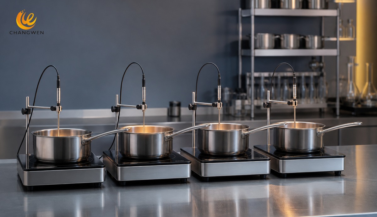 Four stainless steel saucepans undergoing a controlled thermal performance comparison
